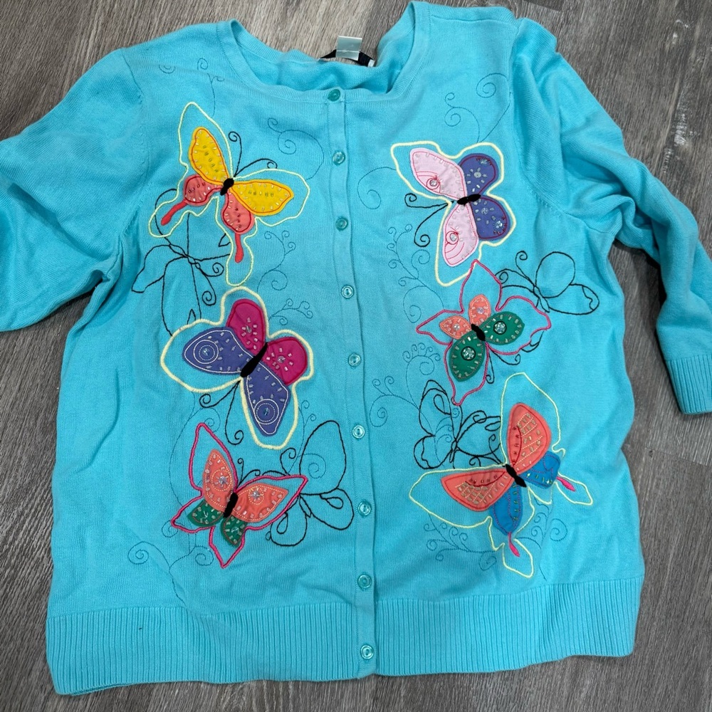 CJ Banks Turquoise Cardigan with Butterfly Embroidery